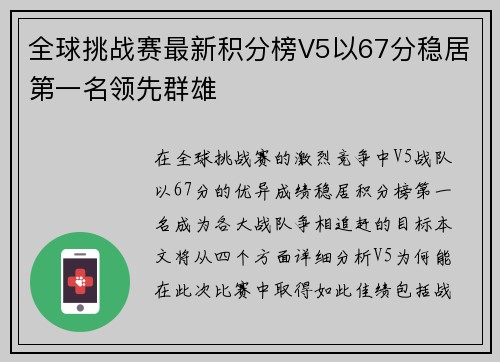 全球挑战赛最新积分榜V5以67分稳居第一名领先群雄